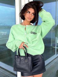 Women's Knits & Tees Knitted Women Cardigan Spring Summer 2023 French Style Light Green O Neck Embroidery Long Sleeve Sweater Y2K Female Kni