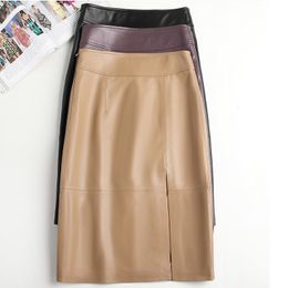 Skirts Stylish Women Genuine Leather Skirt Female Slit Pockets Sewing High Waist Jupe Mujer A-line Mid-Length khaki/purple Chic Faldas 230322