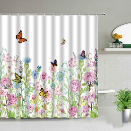 Shower Curtains Flowers Butterfly Landscape Theme Shower Curtains Floral Plant Waterproof Bathtub Decor Cloth Curtain Set With Hooks Bath Screen 230322