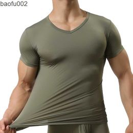 Men's T-Shirts New Men's Sexy Ice Silk T Shirts Solid Colour Male V-neck Short Sleeves t shirt Tops Plus Size S-XXL W0322