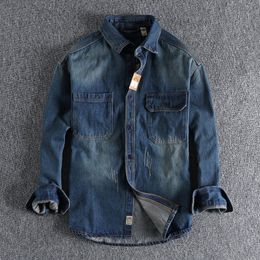 Men's Casual Shirts Retro heavy wash vintage men's jeans shirt jeans pocket fashion youth shirt jacket 230322