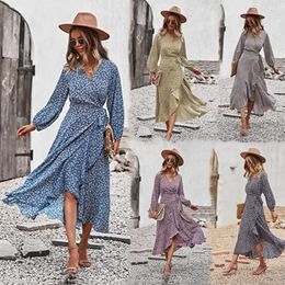 Casual Dresses Autumn Winter Long Elegant Bandage Print Dress For Women V Neck Full Sleeve Hight Waist Maxi