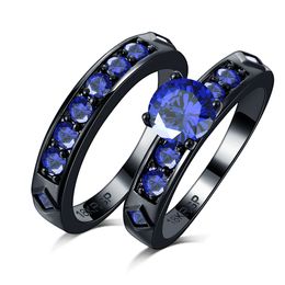 punk brilliant-Cut blue diamond Wedding black couple Ring Set For Women Engagement Band gold filled Eternity Jewelry red Zirconia