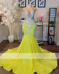 Sparkly Yellow Mermaid Prom Dresses 2024 Black Girls Crystals Plus Size Birthday Party Formal Evening Ocn Gowns Robe De Bal