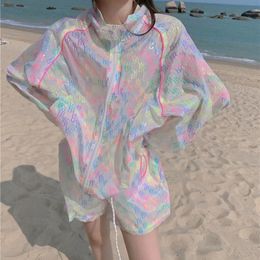 Women's Two Piece Pant Suits Summer Korean Sweet Full Zipper Loose Turtleneck Elastic Waist Shorts 2 Set Sunscreen Clothes 230322