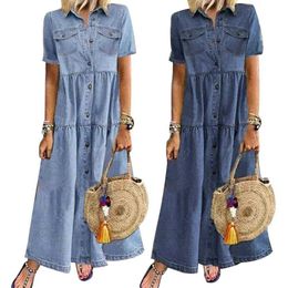 Casual Dresses Women's Dress Ladies Summer Fashion Retro Women Short Sleeve Turn Down Collar Pockets Buttons Long Loose Denim Jean Dress G230322