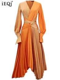 Party Dresses IEQJ Trend V-neck Color Block Midi Dress Bandage Waist Orange Flare Long-sleeved Summer Dresses Woman Clothing 3W3788 230322