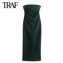 Casual Dresses TRAF Women Fashion Spring Summer Side Zip Robe Strapless Sexy Straight Long Chic Female Vintage Evening 230321