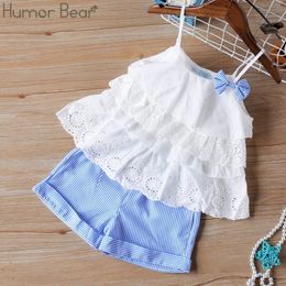 Clothing Sets Humor Bear Girls Clothes Set Summer Children Bow Lace Sling TshirtStriped Short Pants Kids Sleeveless 230322