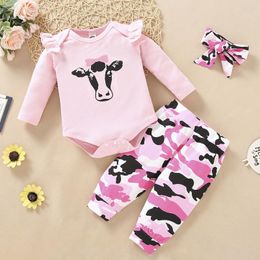 Clothing Sets Dresses For Girls Born Infant Baby Ruffle Milk Cow Print Romper Bodysuit Camouflage Pants Set Clothes Vestidos