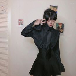 Women's Blouses HOUZHOU Vintgae Black Shirt With Tie Gothic Harajuku Long Sleeve Fashion Jk Japanese Bf Style Streetwear Shirts