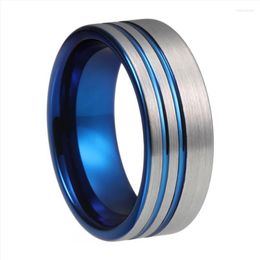 Wedding Rings Fashion 8mm Silver Colour Men Ring Trendy Blue Groove Bevelled Edge Brick Pattern Brushed Stainless Steel For MenWedding Toby22