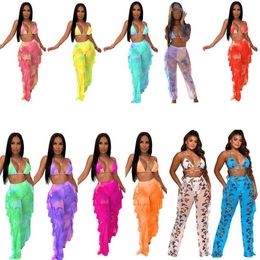 Women's Tracksuits Women New Summer Tie Dye Print Halter V-neck Top Ruffles Splicing Pants Suit Two Piece Set Beach Tracksuit Outfit P230320