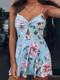 Casual Dresses Floral Hollow Out Twist Spaghetti Strap Mini Dress Summer Vestidos Elegantes Para Mujer For Women 2023 Robe Femme