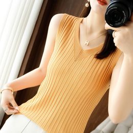 Women's Vests Spring Summer Women Sweater Vest Korean Fashion Slim Fit Ice Silk Sleeveless Tops Solid Knitwears Strecth Knit Pullovers Vests 230322