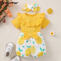 Clothing Sets Prowow 3-24M Baby Outfits For Girls Toddler Clothing Ruffles Collar Ribbed TopBowknot Lemon Pants born Girl Clothes Sets 230322