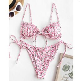 Women's Swimwear 2023 Summer Time Sexy Pink Floral Women Bikini Set Push-up Bathing Suit Beachwear Swimsuit.