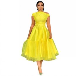 Casual Dresses Yellow Chic Party Dress Women's Summer New Solid Colour Neck Waist Mesh A-Line Dress Fashion African Clothes Ankara Robes 2022 G230322