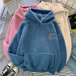 Autumn Winter Thick Warm Hoodie Coat Velvet Cashmere Women Loose Long Sleeve Sweatshirt Blue Pullover Casual Tops