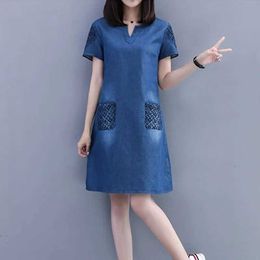 Casual Dresses 2022 Summer Embroidery Denim Dress Women's Casual Loose A-line Dresses Ladies Fashion Vintage V-neck Denim Dress Jeans S-5XL New G230322