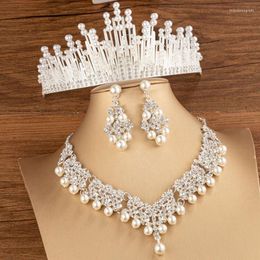 Necklace Earrings Set 2023 Baroque Silver Colour Bridal Pearl Crown Women's Fashion Crystal Wedding Headwear