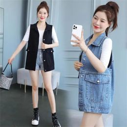 Women's Vests Denim Vest Women Jackets Wear Joker Spring Autumn Sleeveless Coat Korean Loose Slim Long Waistcoat Cowboy Jacket Female 230322