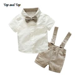 Kleidungssets Top und Top Mode Baby Jungen Gentleman Kleidungssets Kurzarmhemd mit Fliege Hosenträger Shorts Formale Jungen Outfits Z0321