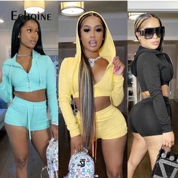 Women's Tracksuits Echoine Women Solid Sporty Two Piece Outfits Zip Up Cropped Hoodies and Shorts Matching Sets Tracksuits Sweatsuits Street Style P230320