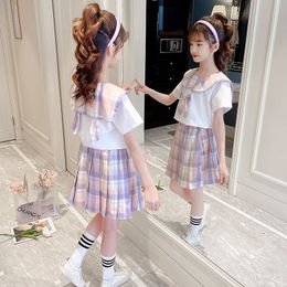 Clothing Sets Summer Children's Jk Uniform Suit For Girls Student Dress College Style Short Sleeve Top Plaid Skirt Two Piece Set 230322