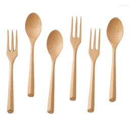 Dinnerware Sets 6pcs Creative Natural Wooden Dinnerspoon Fork Tableware Set Serving Fruit Salad Teaspoon Korean Style Cutlery Utensils