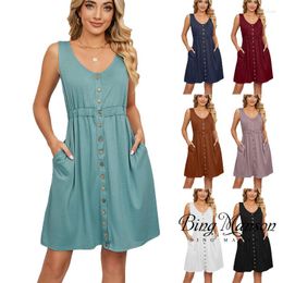 Casual Dresses 2023 Spring/Summer Solid Sleeveless Button Pocket Round Neck Split Waist Bohemian Dress Bodycon