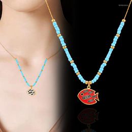 Choker LEEKER 316L Stainless Steel Gold Colour Necklace For Women Blue Red White Enamel Tropical Fish Chain Jewellery 978 LK3
