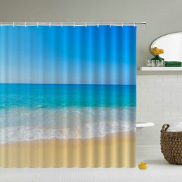 Shower Curtains Sea beach scenery shower curtains bathroom shower curtain 3D fabric bath curtain with hooks waterproof bath screen 180*180cm 230322