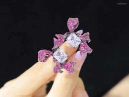 Cluster Rings Ruif 925 Silver 5A Zirconia Rose Red Flower For Woman And Girl Engagement Wedding Fine Jewellery