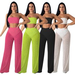 Women s Two Piece Pant 2 Summer Sets Sexy Strapless Off Shoulder Crop Top And Wide Leg Long Solid Matching Casual Set 230322