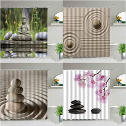 Shower Curtains Zen Stone Buddha Flowers Scenery Shower Curtains Creativity Art Bathroom Bath Curtain With Hooks Waterproof Fabric Bathtub Decor 230322