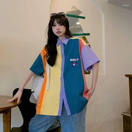 Women's Blouses Japanese Cute Contrast Color Patchwork Shirt Women's Summer Thin Design Sense Small Crowd Lapel Loose Trend