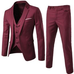 Men's Suits Blazers Men's Brand Suits Blazer 3 Pieces Wine Red Elegant Slim Fit Button Dress Suit Vest Party Wedding Formal Business Casual Terno 230322