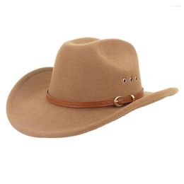 Berets Jazz Hat Hemming Cowboy Western Cowgirl Woollen Felt Wide Brim Faux Leather Belt Decor Panama