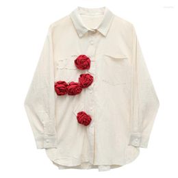 Women's Blouses 2023 Spring Fashion Woman Stereoscopic Red Rose Long Sleeve White Top Loose Female Clothing Chic Vintage Shirt