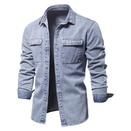 Men's Casual Shirts Spring Men Denim Shirts Casual 100% Cotton High Quality Solid Color Thick Long Sleeve Shirt for Men Classic Denim Jacket 230322