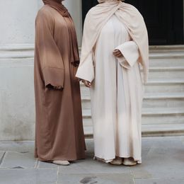 Ethnic Clothing 2 Piece Matching Muslim Sets Hijab Dress Plain Eid Abayas for Women Dubai Open Abaya Turkey Inner Dresses African Islam Clothing 230322