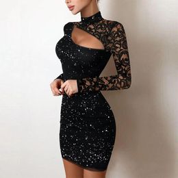 Casual Dresses Elegant Women Dress O Neck Lace Long Sleeve Glitter Bodycon Short Sexy Party Night Out For Vestidos