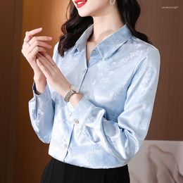 Women's Blouses Summer Women's Polo Shirt Long Sleeve Top Jacquard Blouse Satin Casual Fashion Loose Houthion