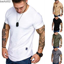 Men's T-Shirts New Men's T-shirt Slim Fit O-neck Short Sleeve Muscle Fitness Casual Hip Hop Cotton Top Summer Fashion Basic T-shirt Large Size W0322