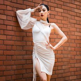 Stage Wear Latin Dancing Dress Female Sexy Mesh Single Sleeve Suspenders Women Dance Clothes Ballroom Cha Samba Dancewear DWY4538