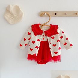 Clothing Sets Baby Girls Valentines Day Outfits Kids Love Heart Cardiganaddruffle Lapel Long Sleeve Tle Romper 2Pcs Newborn Kid Clot Dhzlj