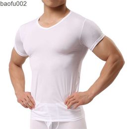 Men's T-Shirts Man Undershirt Ice Silk T Shirts Male Nylon V-neck Short Sleeves Tops Ultra-thin Cool Sleepwear Undershirt W0322