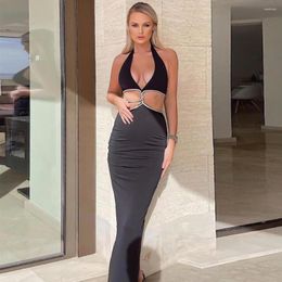 Casual Dresses 2023 Summer Black Rayon Bandage Sexy Halter Bodycon Long Dress Women Backless Evening Party Fashion Celebrate Outfit