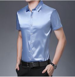 Men's Casual Shirts High Quality Summer Mens Silk Shirts Pure Colour Male Casual Satin Dress Short Sleeve Soft Clothes 230322